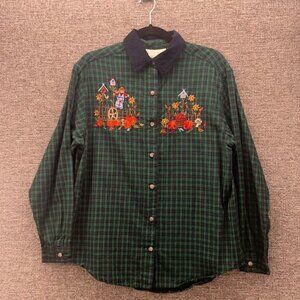 Vintage Flannel Shirt Womens M Blue Green Black Watch Plaid Corduroy Collar